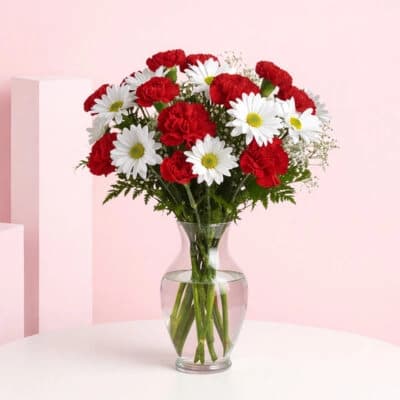 Red Carnations & White Daisy Flower Vase